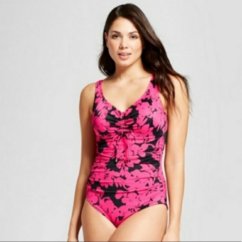 Aqua Green pink & black tropical flowers swimsuit